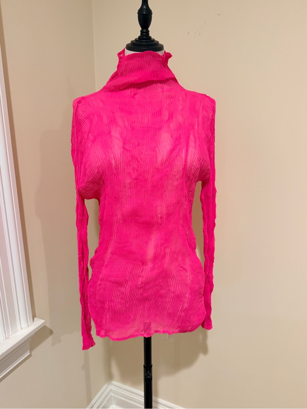 Issey Miyake Hot Pink Pleated Turtleneck Long Sleeve Top